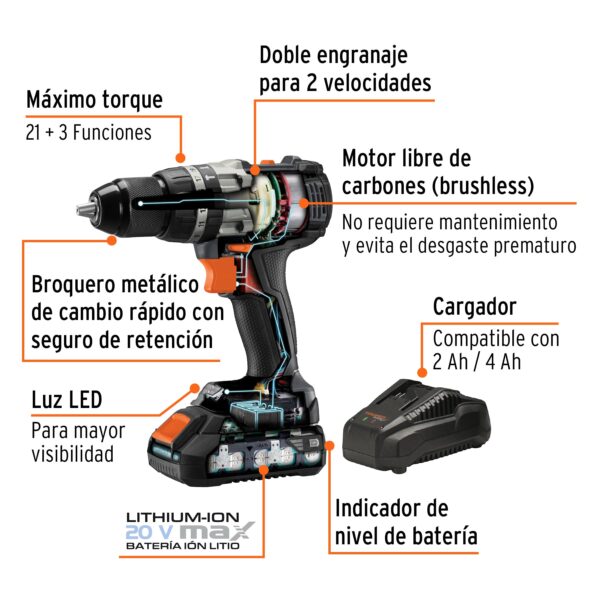 Taladro inalámbrico 1/2", 20V, sin carbones, Truper MAX - Imagen 3